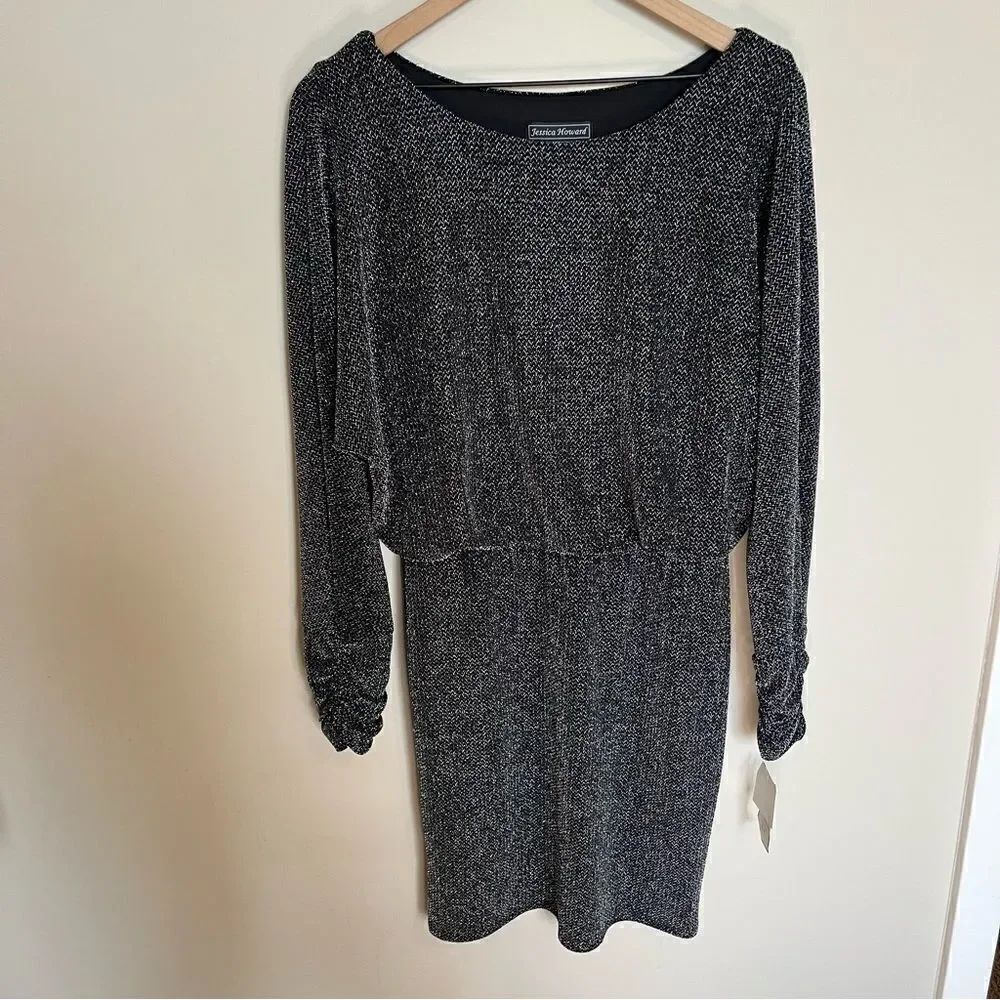 Jessica Howard Metallic Threaded Long Sleeve Cocktail Dress
